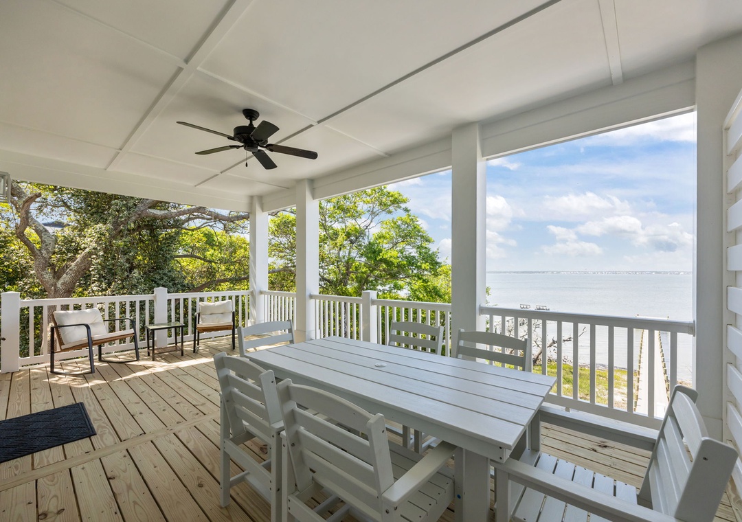 Unwind on your private covered deck overlooking the water, where morning coffee and evening meals become magical moments.