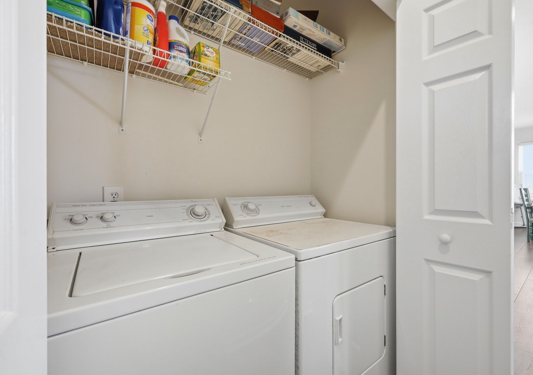 Your in-unit washer and dryer with overhead storage make laundry effortless, letting you pack light and enjoy your stay with fresh, clean clothes always on hand.