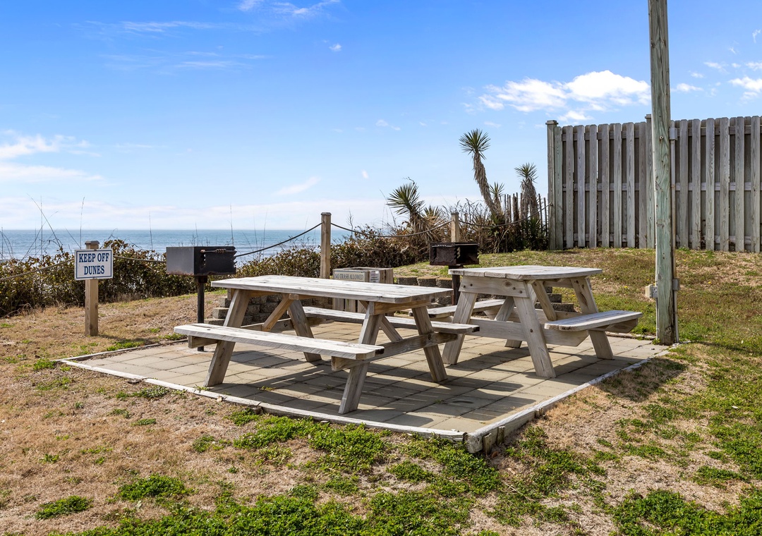 Coastal picnic tables overlooking the sea with native vegetation and wooden fencing creating a natural seaside setting.
