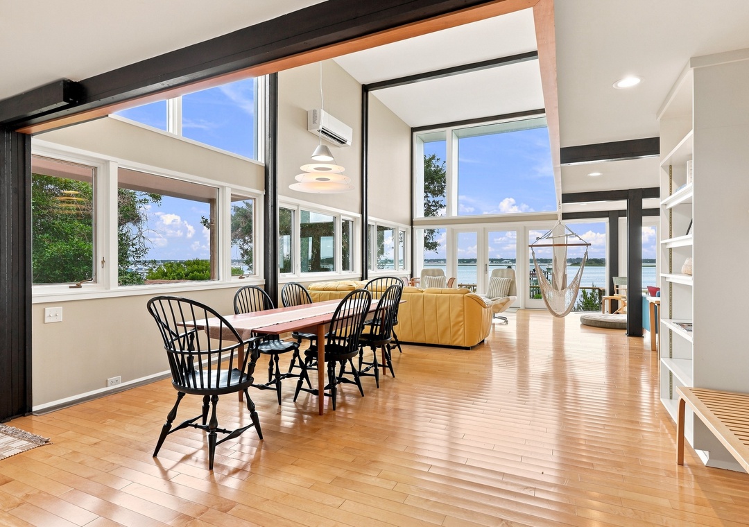Bogue House | Open Dining and Living Area with Sound View