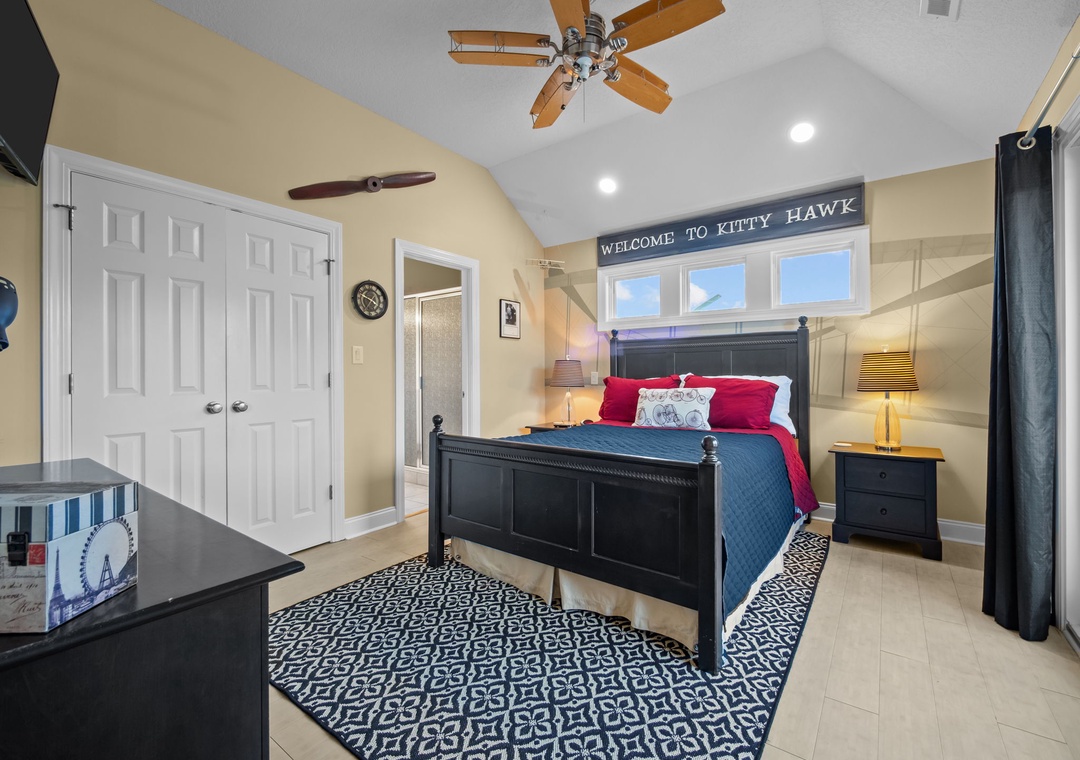 Step into your aviation-themed bedroom where comfort meets adventure. The cozy bed and themed décor create the perfect retreat after exploring.