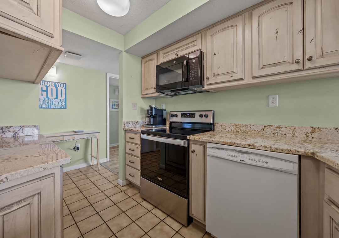 Your fully equipped kitchen features granite countertops and all the appliances you need to create memorable meals during your stay.