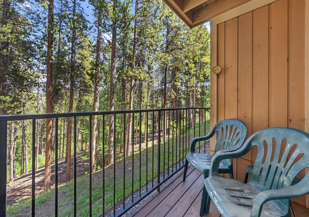 Step onto your private balcony and breathe in the fresh pine air as towering trees surround you. Settle into a chair and let the natural serenity wash over you.