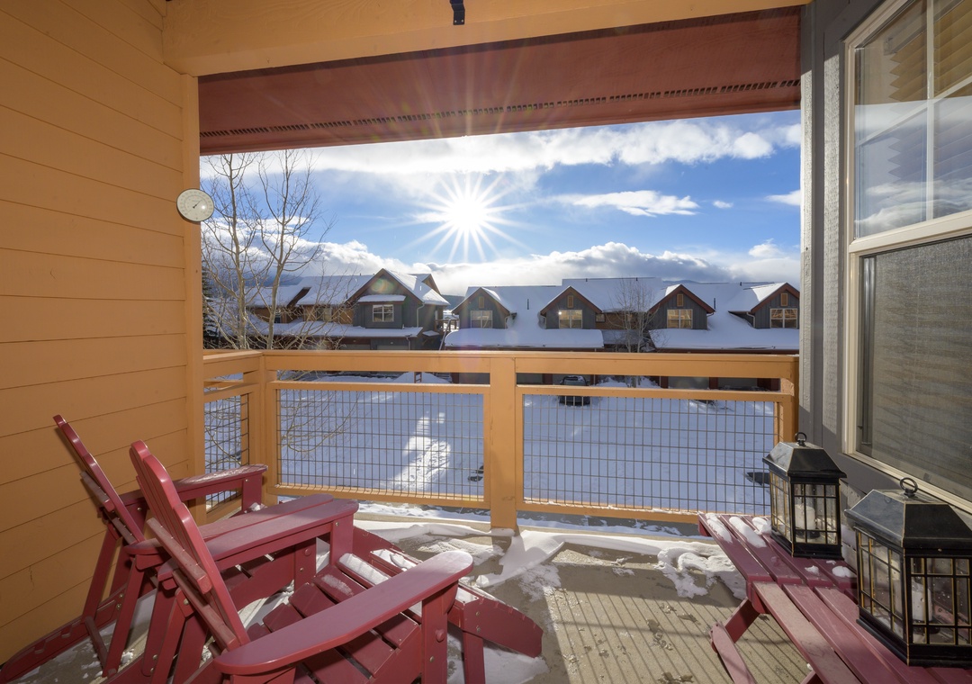 Sink into your private balcony chairs and soak up the crisp mountain air while winter sunlight dances across the snowy landscape before you.