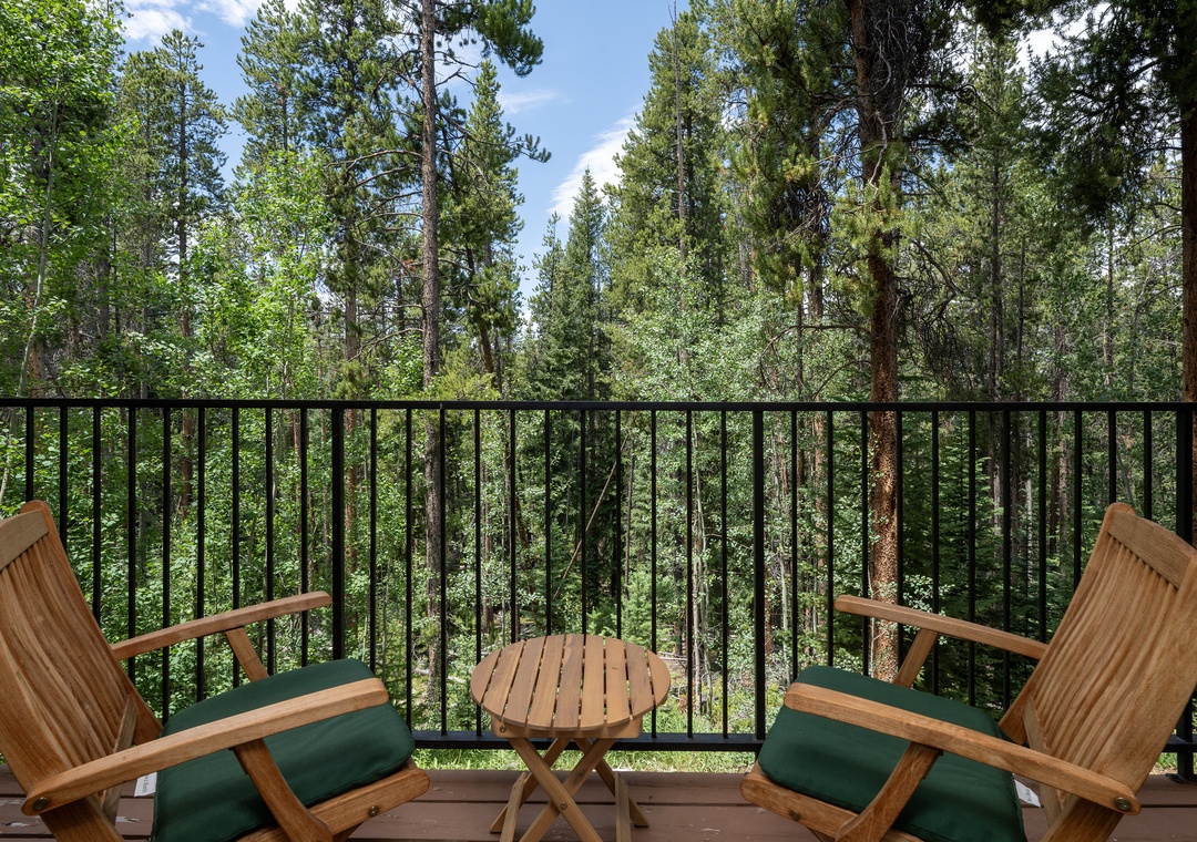 Unwind on your private deck surrounded by towering pines. These inviting chairs offer a peaceful forest retreat where you can breathe in the fresh mountain air and reconnect with nature.