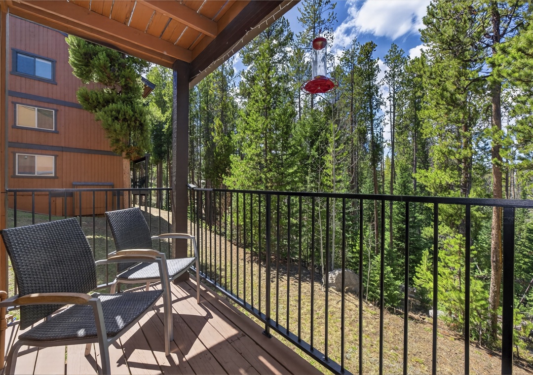 Step onto your private balcony and breathe in the fresh mountain air while soaking up stunning forest views from your cozy chairs.