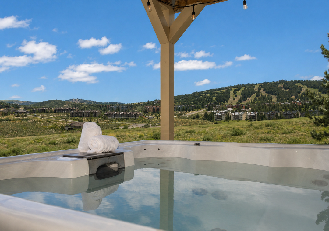 Soak in mountain views from your private hot tub, where towels await and peaceful landscapes stretch endlessly before you.