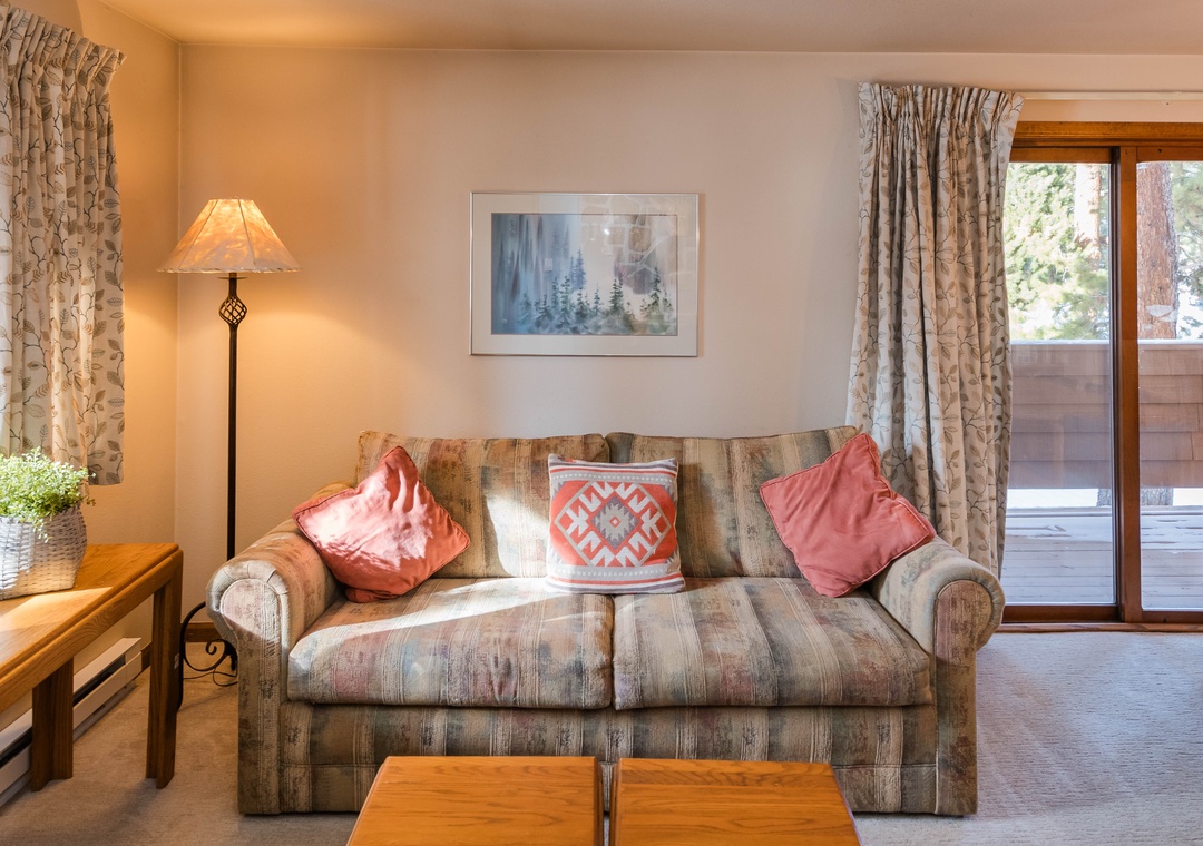 Sink into your comfortable sofa with colorful cushions and enjoy natural light streaming through large windows in this cozy living space.