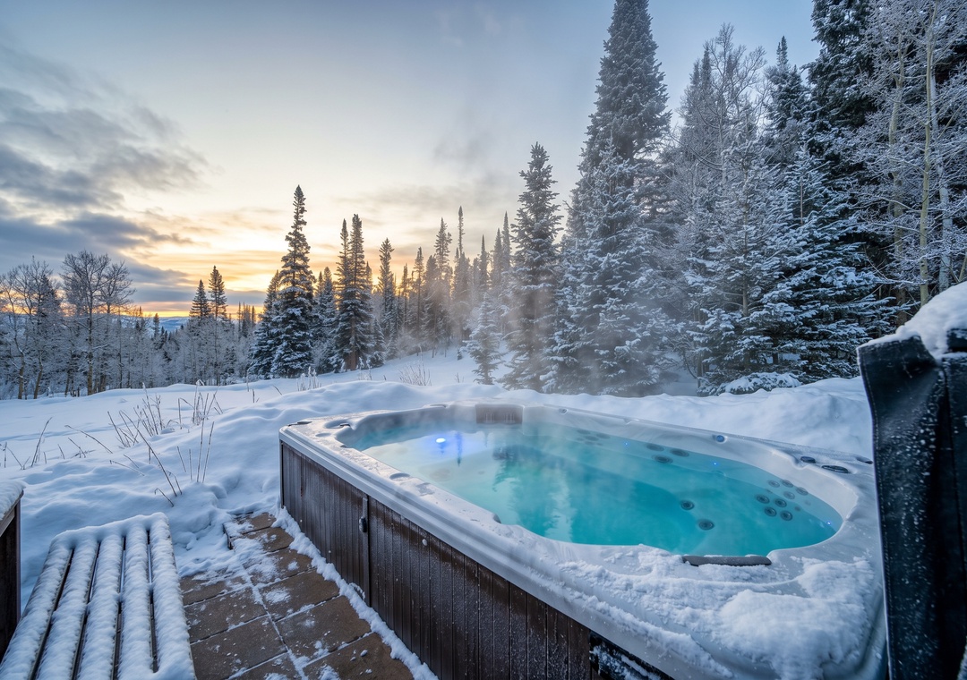 Soak in your private hot tub surrounded by towering pines and meadow grasses as the sunset paints the sky in brilliant oranges and blues—a perfect mountain retreat.