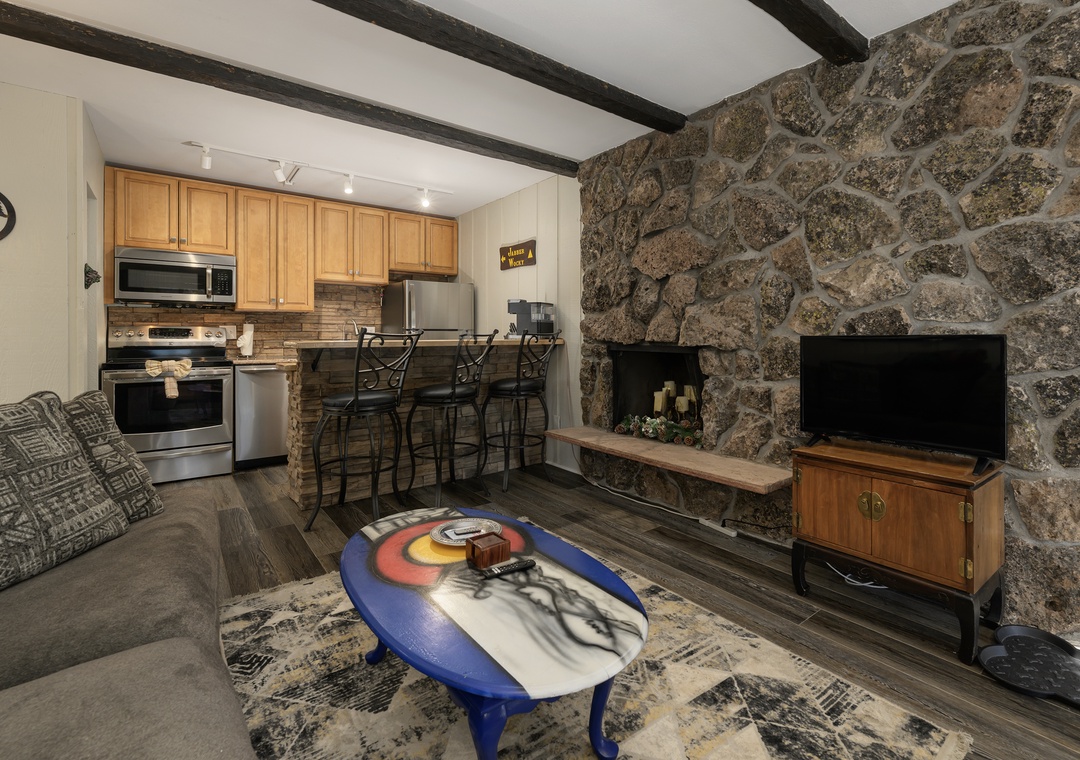 Unwind in your rustic-chic retreat where stone walls meet modern comfort. Cozy up by the fireplace after cooking in your fully equipped kitchen.