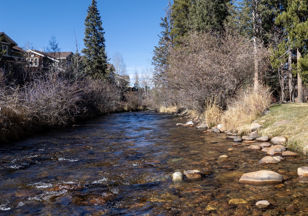 A peaceful river flows through the neighborhood, creating a tranquil setting with natural beauty and residential charm.