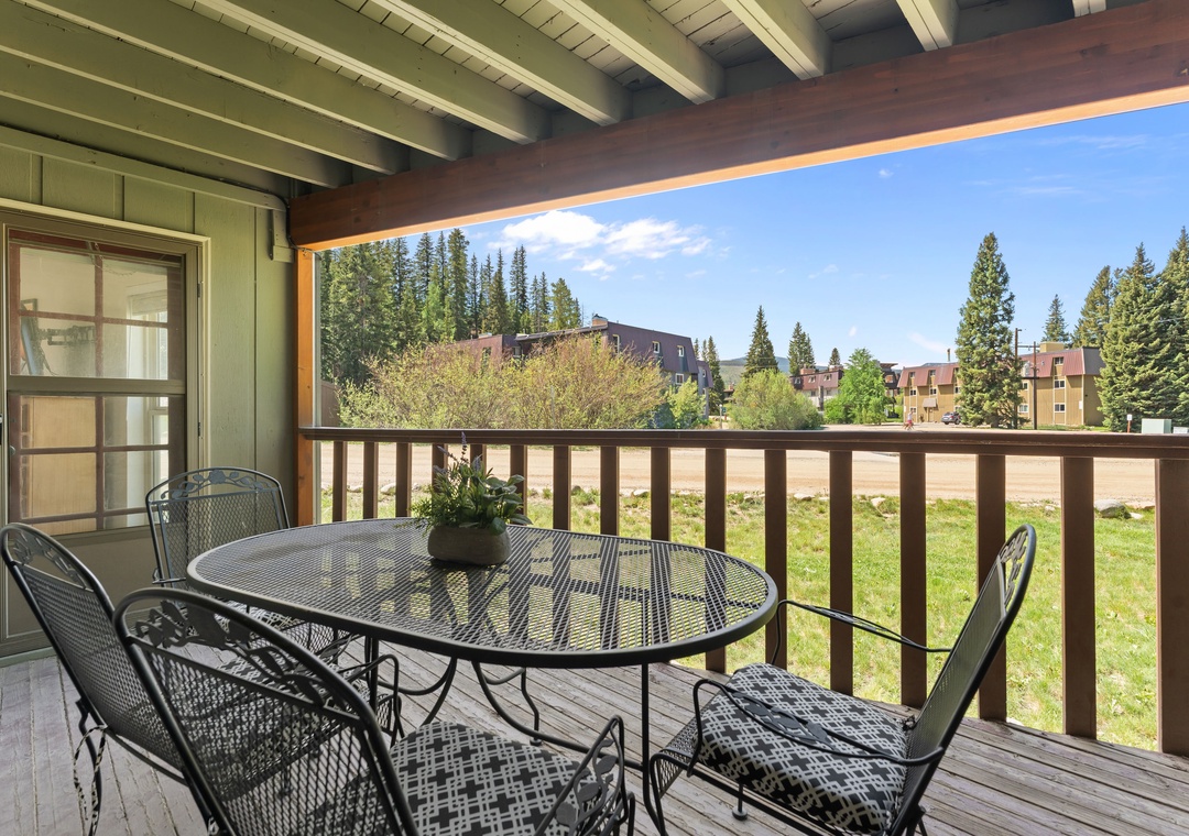 Picture your morning coffee at this private patio table, surrounded by mountain fresh air and natural beauty. Four chairs invite you to gather, relax, and soak in the peaceful surroundings and alpine views.