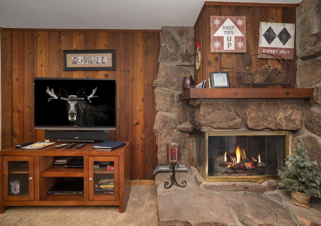Cozy up by your stone fireplace while enjoying entertainment on the flat-screen TV in this warm, wood-paneled retreat.