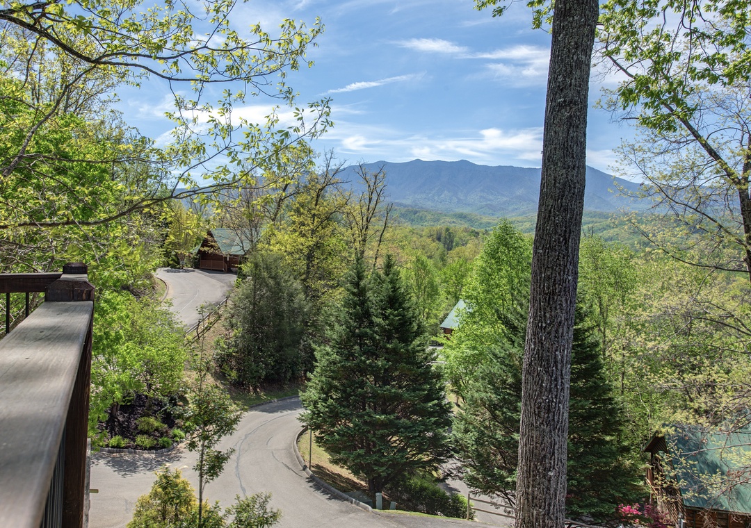 Stunning mountain vistas stretch endlessly before you from this elevated forest retreat, where towering trees frame breathtaking panoramic views.