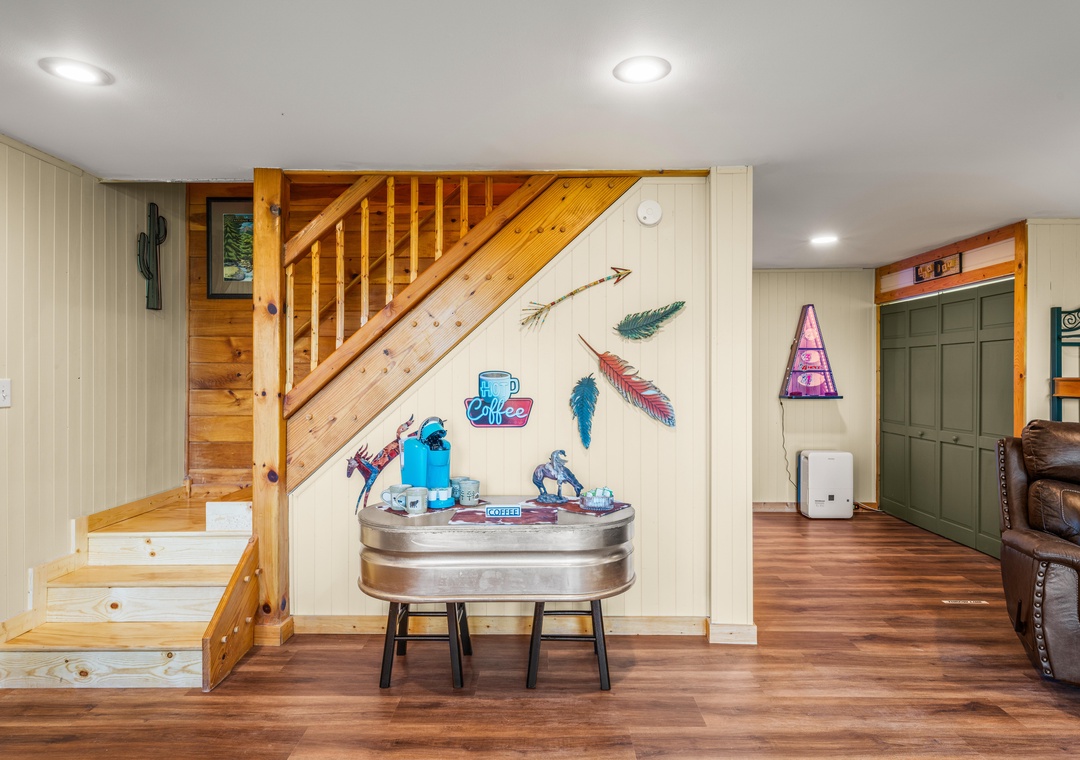 Discover your inviting rustic retreat with warm wood accents, charming décor, and a cozy coffee station that makes you feel right at home the moment you step inside.