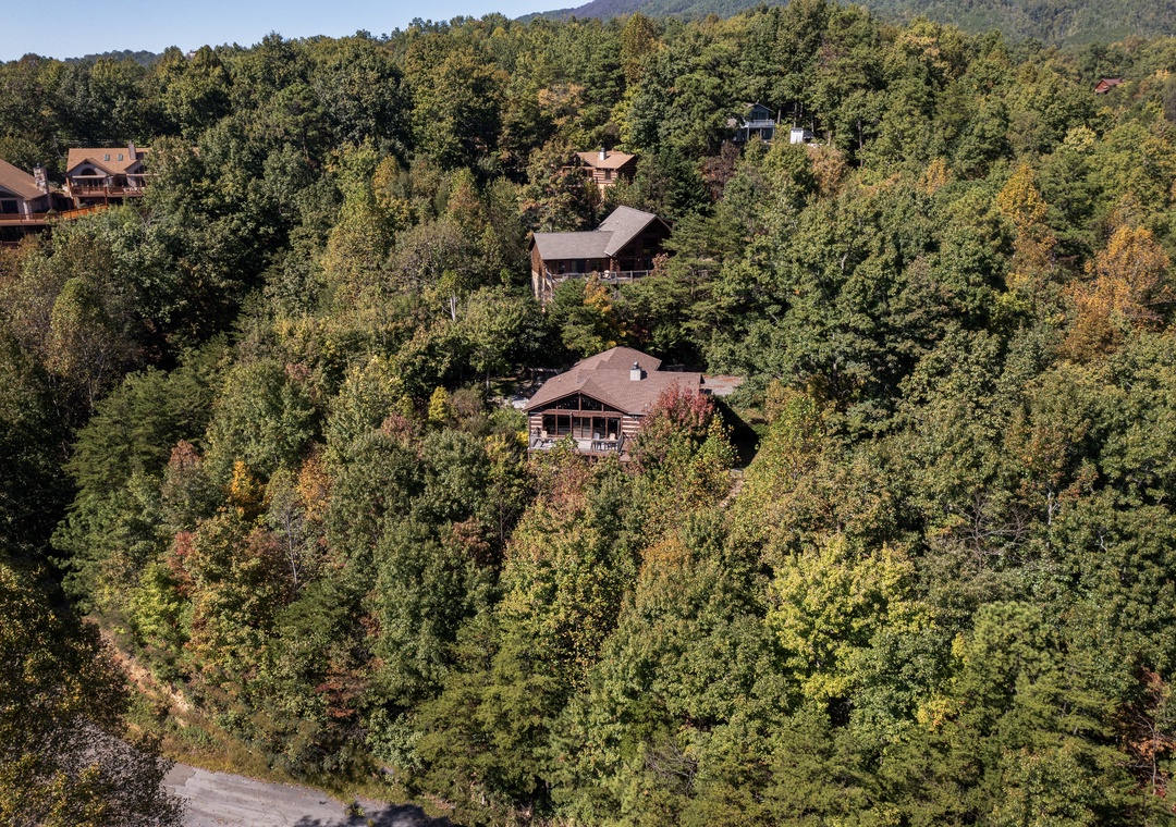 Secluded cabin retreat nestled among forested mountainside, offering peaceful privacy within a scenic natural landscape.