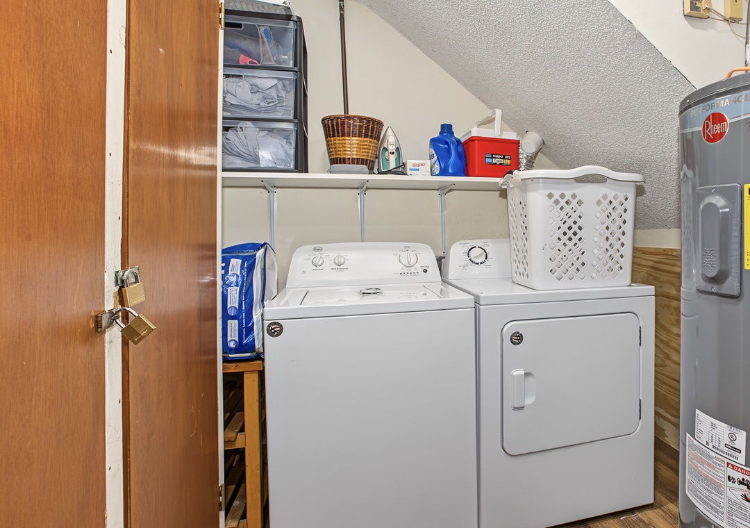 Your laundry room is stocked with a full-size washer and dryer, plus detergent and organized storage so you can pack light and stay fresh throughout your trip.