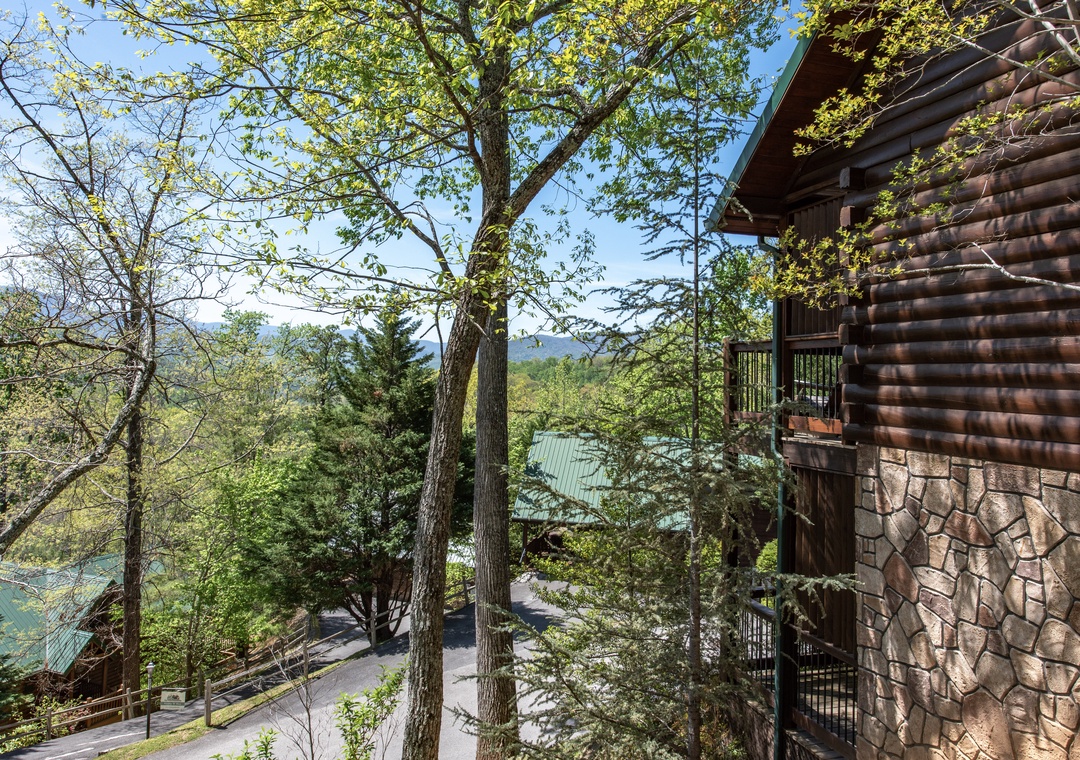 Rustic log cabin nestled among towering trees with peaceful mountain views in the distance.