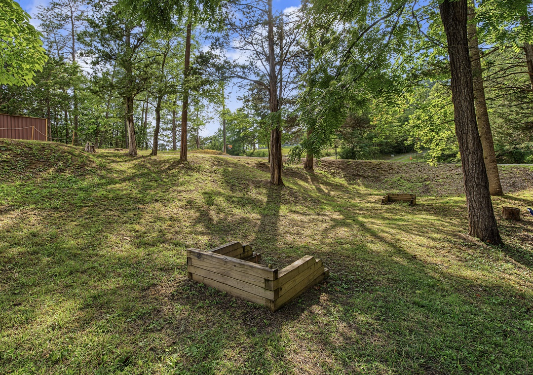 A sunny, wooded backyard featuring a raised garden bed beneath towering trees, offering a peaceful outdoor space for relaxation and gardening.