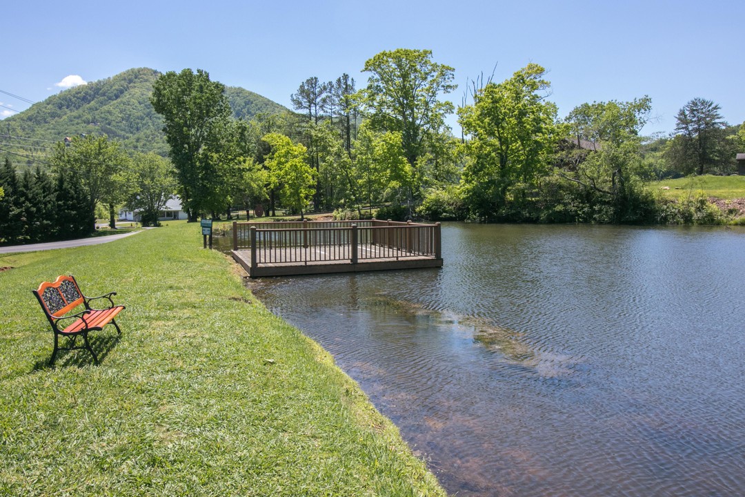 Serene private pond with deck and mountain backdrop—a peaceful spot to unwind in natural surroundings. Lush lawn and shaded seating complete this tranquil escape nestled in the mountains.