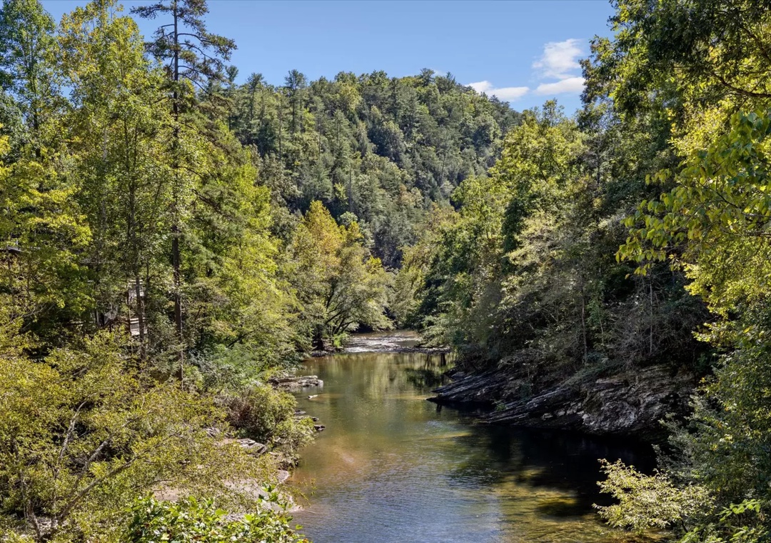 Peaceful river winds through lush forested hills, offering scenic natural beauty in the surrounding area.