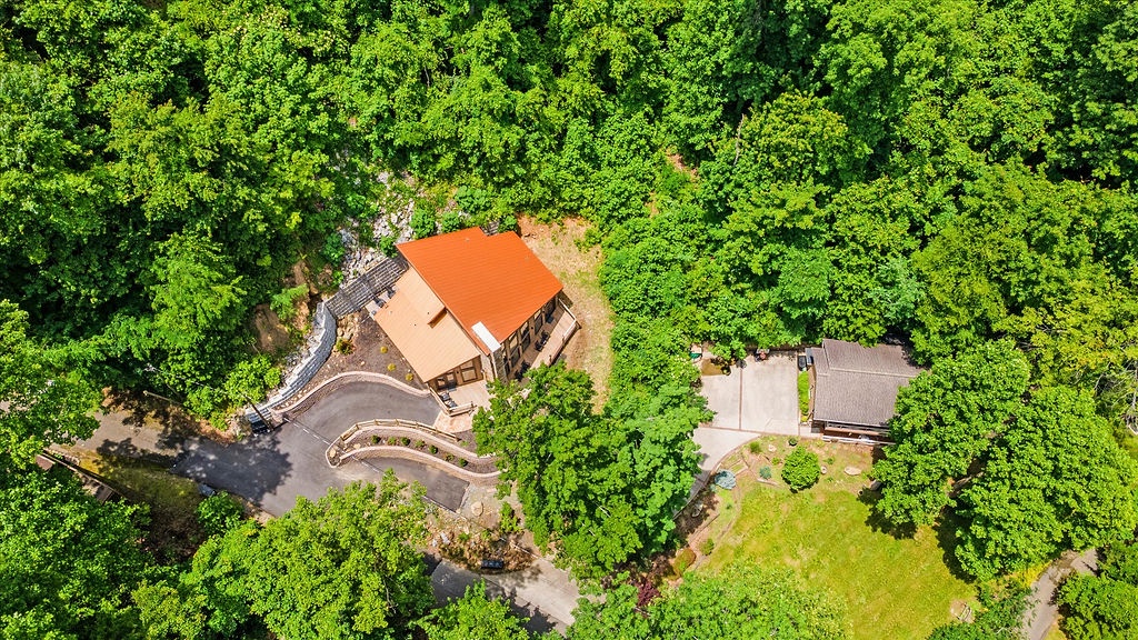 This secluded mountain retreat sits nestled among lush greenery, offering peaceful privacy with a landscaped driveway and ample parking in a serene natural setting.
