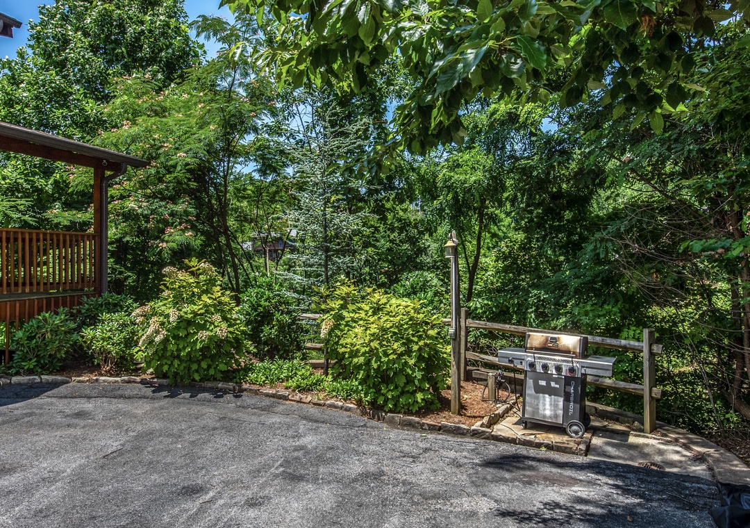 The property features a dedicated BBQ grill area surrounded by lush trees and mountain greenery, with paved parking spaces conveniently located nearby.
