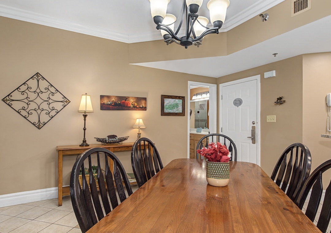 Gather around this beautiful dining table for memorable meals with your group in this elegantly appointed space.