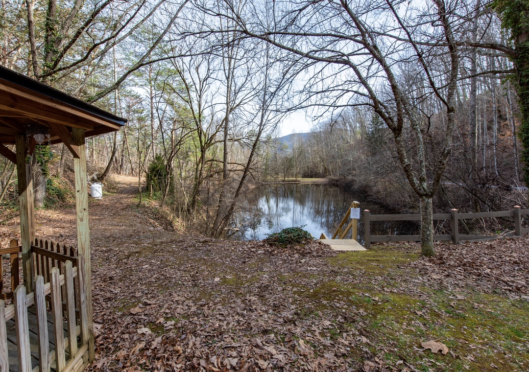 Peaceful lake surrounded by bare winter trees with mountains in the distance and wooden deck access.