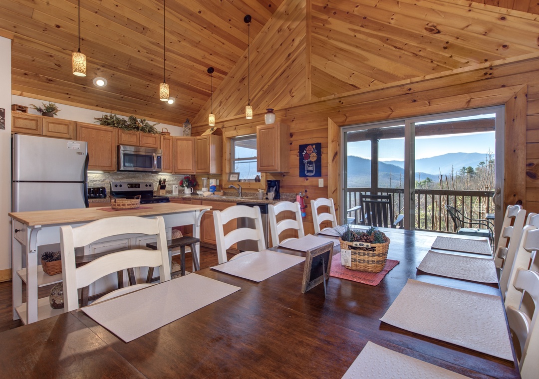 Gather around this rustic dining table where you can enjoy meals while taking in stunning mountain views through the large windows.
