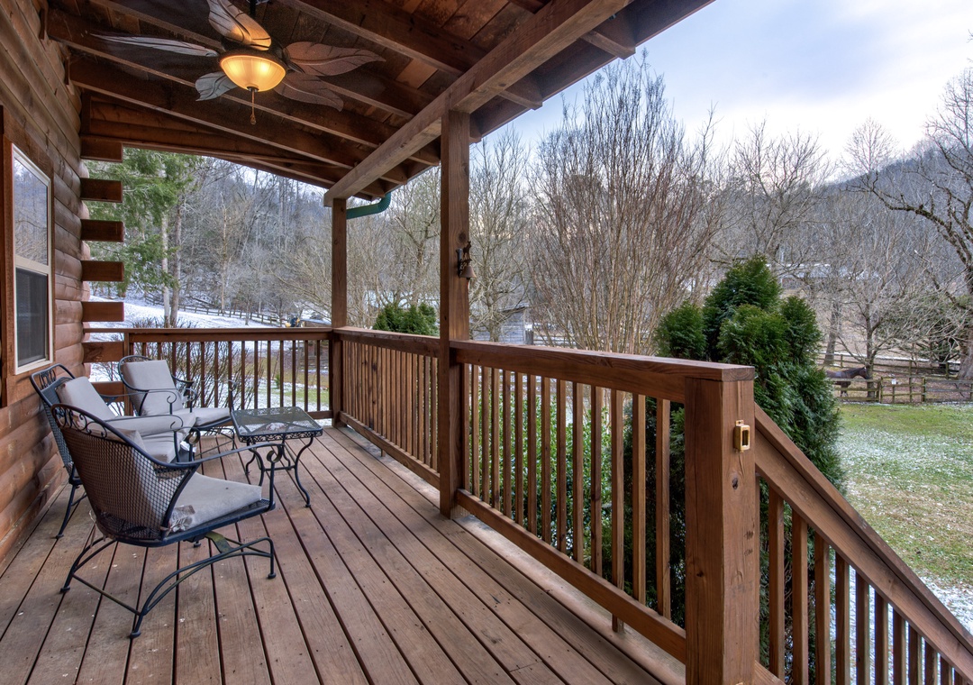 Relax on your private deck with mountain views, where comfortable seating and peaceful surroundings create the perfect spot for your morning coffee or evening unwind.