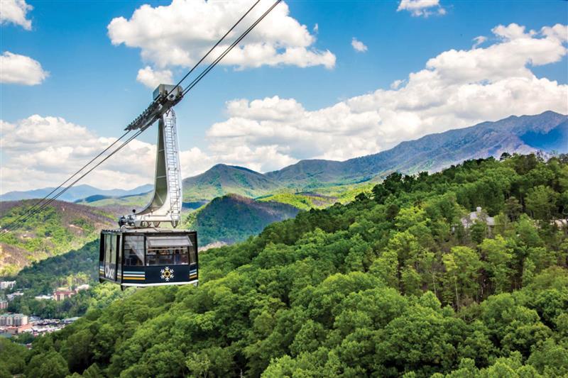 Cable car gondola glides over lush mountain forests with panoramic valley views stretching to distant peaks under bright blue skies.