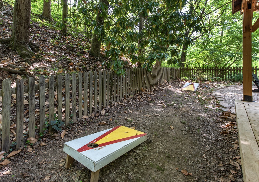 A wooded cornhole court set in a tranquil forest setting, with lush greenery surrounding the play area. The property's outdoor recreation area combines lawn games with natural woodland scenery.