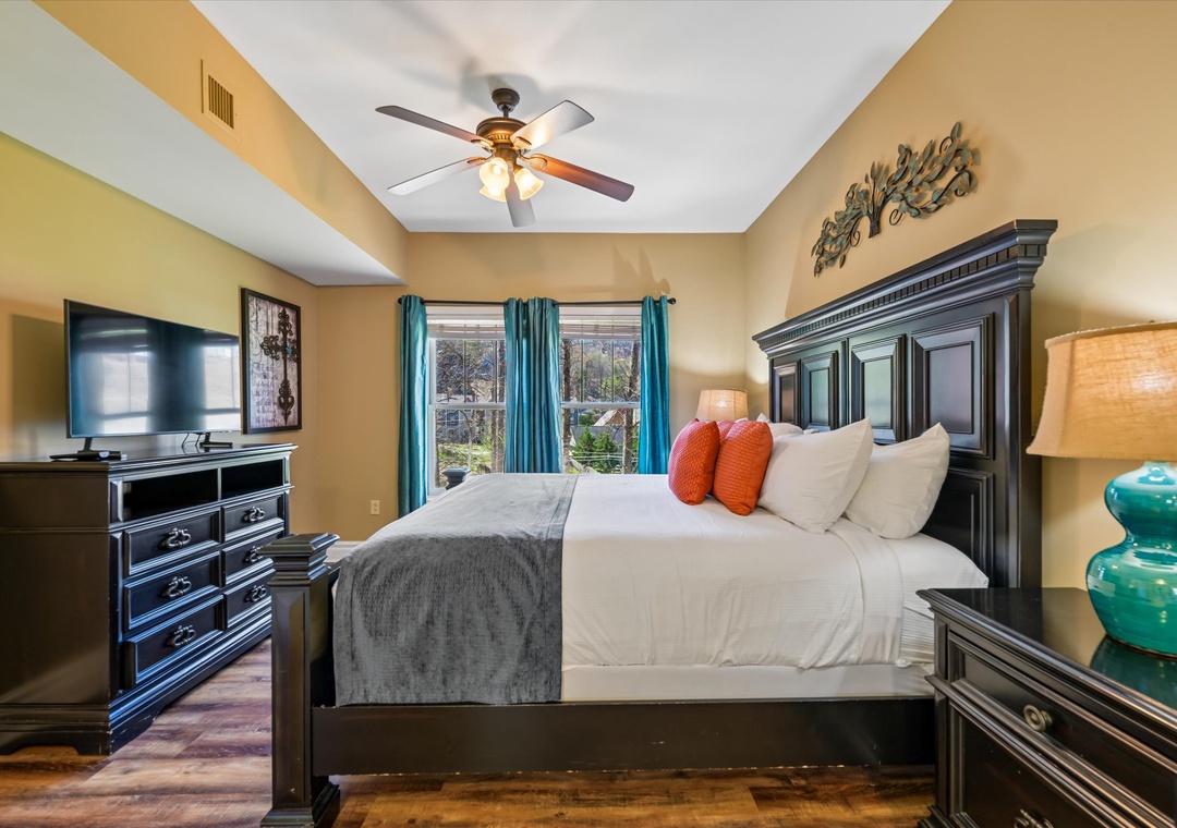 Sink into this luxurious bedroom where warm tones and elegant furnishings create your perfect retreat for restful nights.