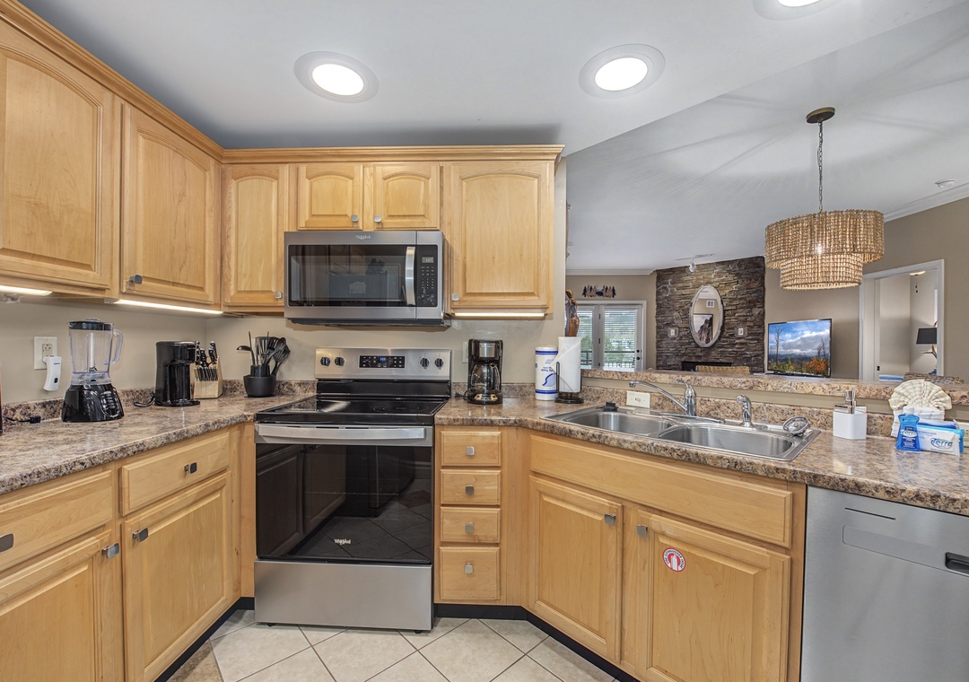 Your fully equipped kitchen features granite countertops, stainless steel appliances, and everything you need to create memorable meals during your stay.
