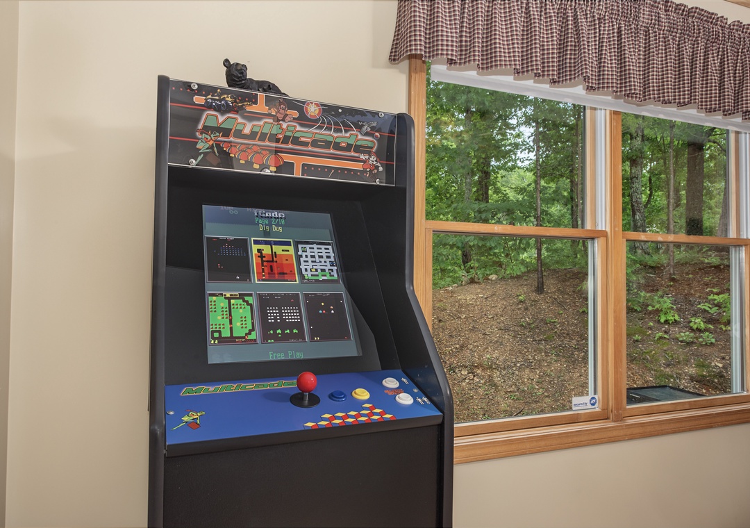Challenge your friends to classic arcade games before stepping outside to explore the peaceful wooded trails just beyond your window.