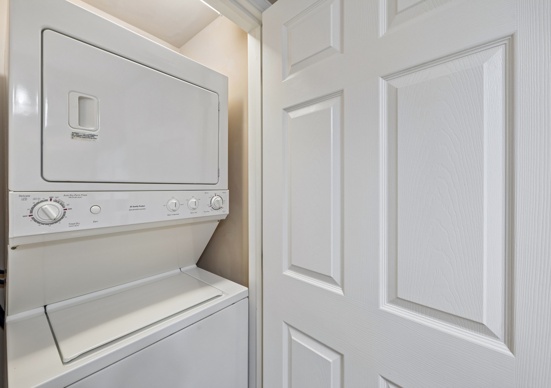 Your private stackable washer and dryer makes staying fresh effortless during your getaway.