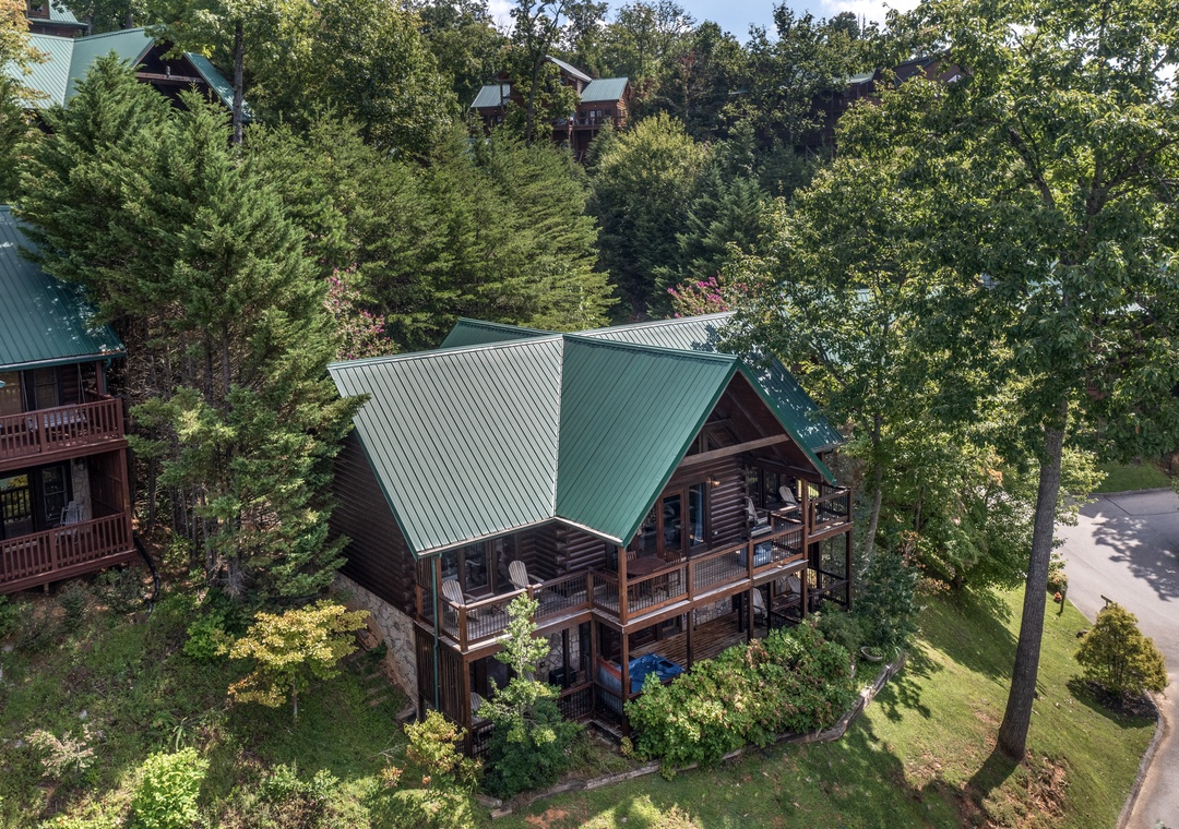 Rustic cabin nestled among towering trees in a peaceful wooded setting with mountain retreat charm.
