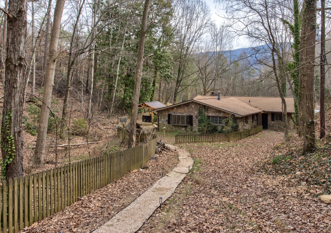 Charming mountain retreat nestled among towering trees, offering peaceful seclusion with scenic mountain backdrop and natural forest setting.