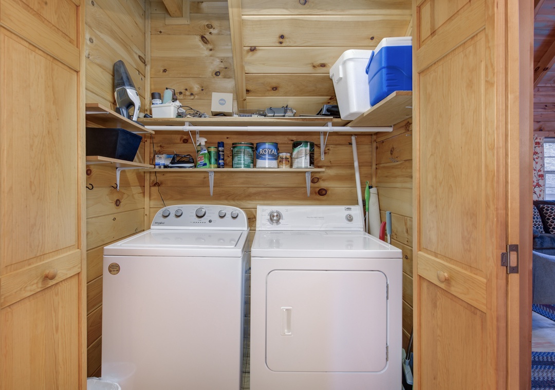 Your private laundry closet keeps your clothes fresh throughout your stay, with shelving for supplies.