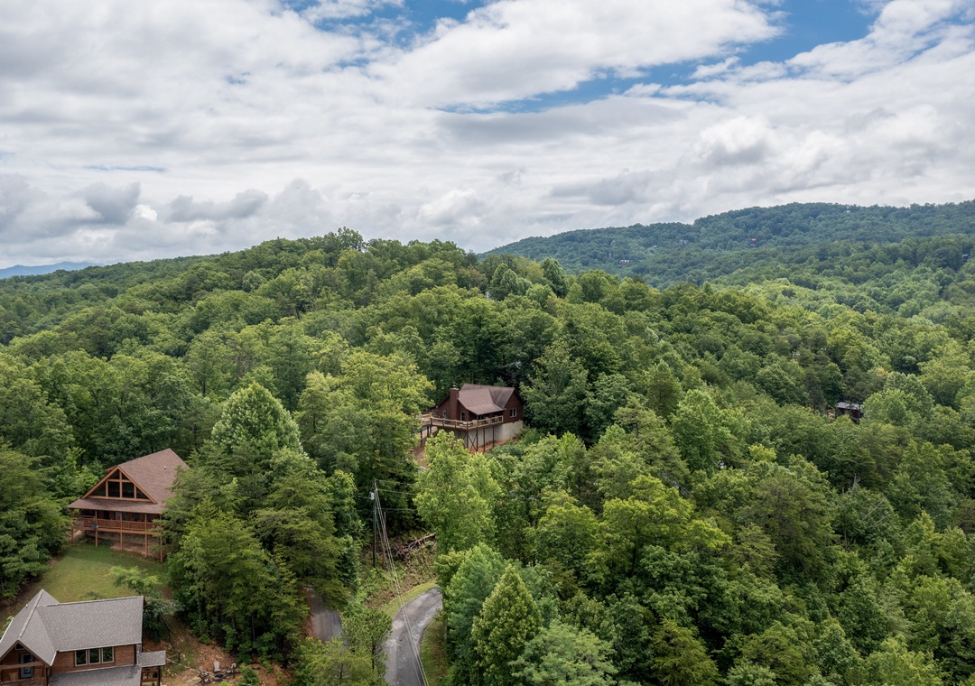 Aerial view of the property nestled within lush forested mountains, showcasing the cabin's secluded natural surroundings and scenic wooded hillside setting.