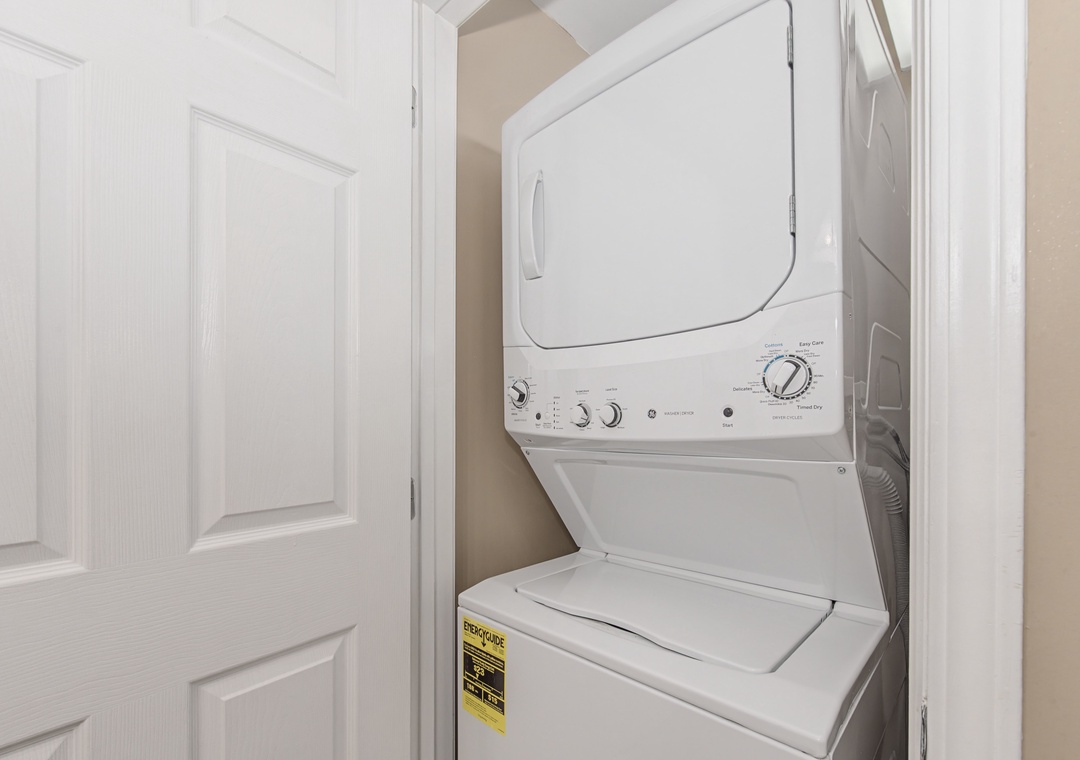 Your private stacked washer and dryer make packing light easy, letting you refresh clothes anytime during your stay.