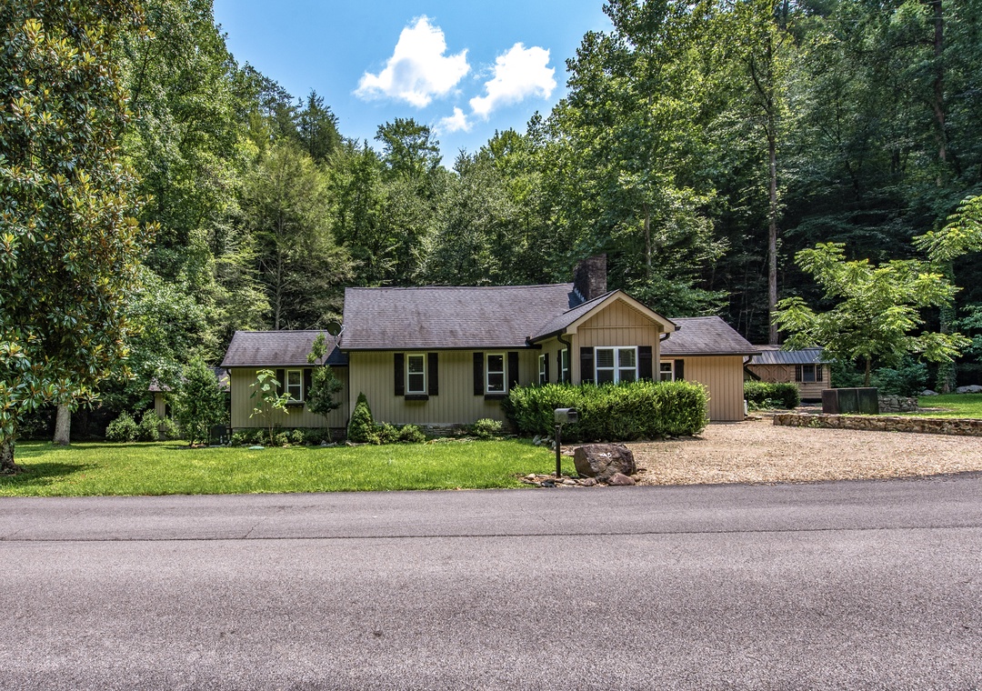 A charming retreat nestled among towering trees and lush greenery, featuring a welcoming gravel driveway and peaceful woodland surroundings perfect for your nature escape.