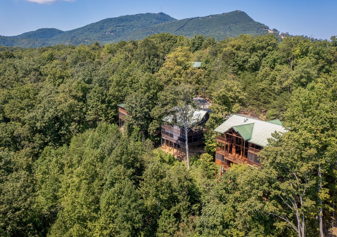 Aerial view showcasing the property nestled among lush forest with mountain ridges rising majestically in the background, highlighting the serene natural setting.