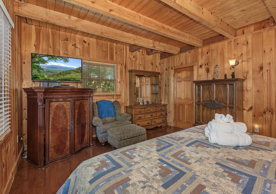 Wrap yourself in the cozy charm of handcrafted knotty pine, with rustic furnishings and plush linens waiting to welcome you home after a day of mountain adventure.