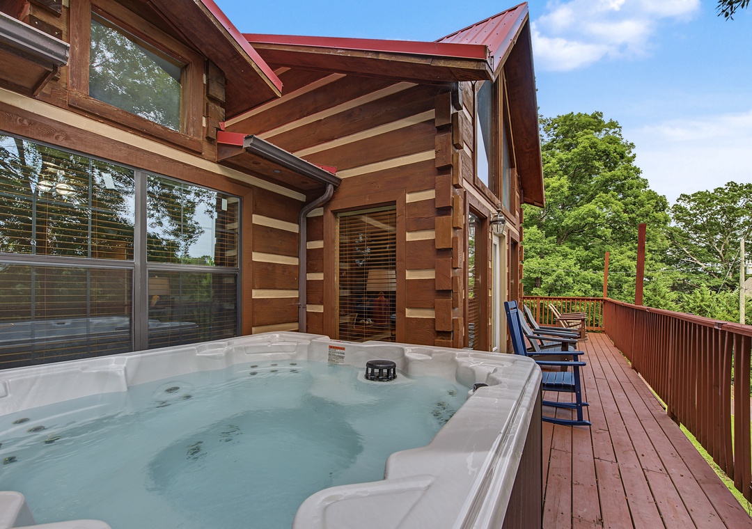 Sink into warm, bubbling water and let your worries melt away. This private deck hot tub overlooks lush green treetops, perfect for starlit soaks or morning coffee.