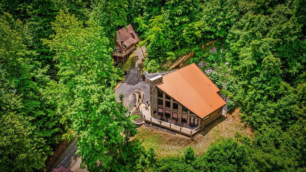 Aerial view of rustic woodland cabins nestled among dense forest, connected by private driveways with ample parking and outdoor space.