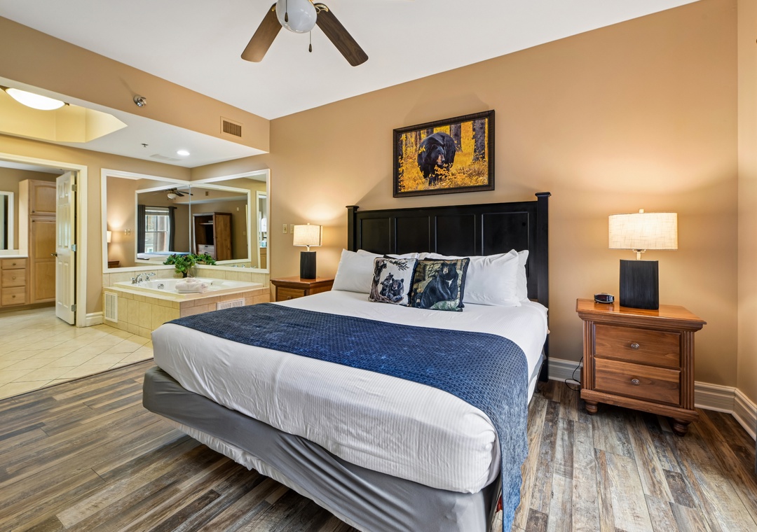Unwind in your spacious suite with plush bedding and a private spa tub just steps from your comfortable king bed.