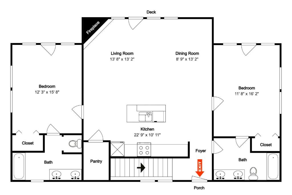 This spacious two-bedroom floor plan shows your home away from home with open living areas, full kitchen, and private deck space.
