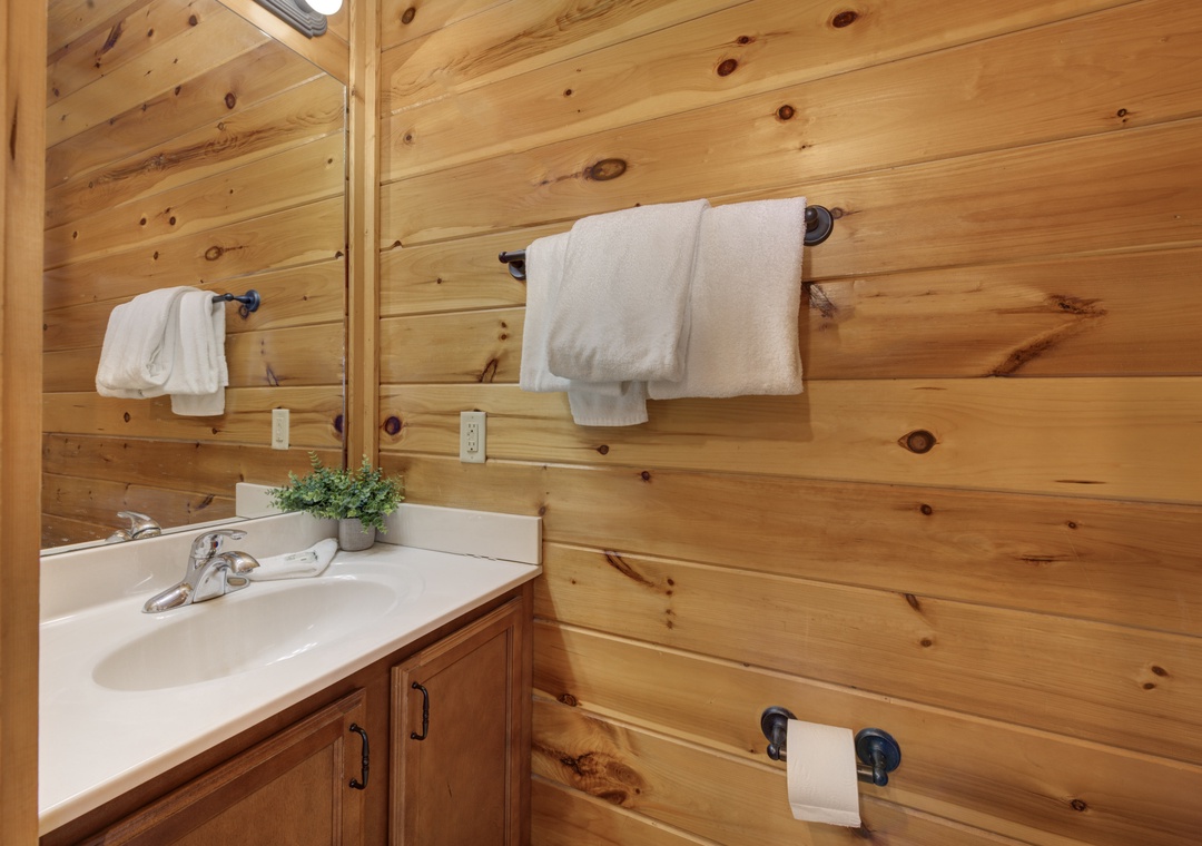 Step into your cozy cabin bathroom with warm wood-plank walls, fresh towels, and natural light from the skylight above. A welcoming retreat after a day of adventure.